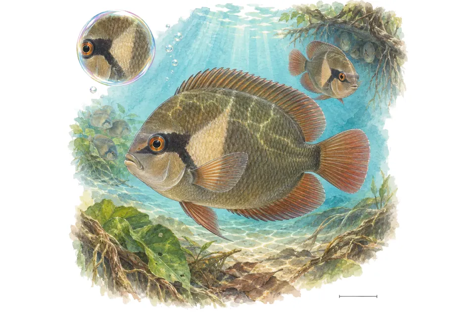 Aquarelle : Uaru à taches (Uaru fernandezyepezi) dans une eau turquoise lumineuse, avec une vue de trois quarts et un détail dans une bulle.