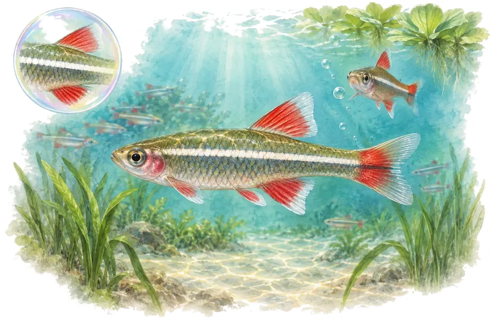 Aquarelle : Vairon de Chine (Tanichthys albonubes) dans une eau turquoise lumineuse, avec une vue de trois quarts et un détail dans une bulle.