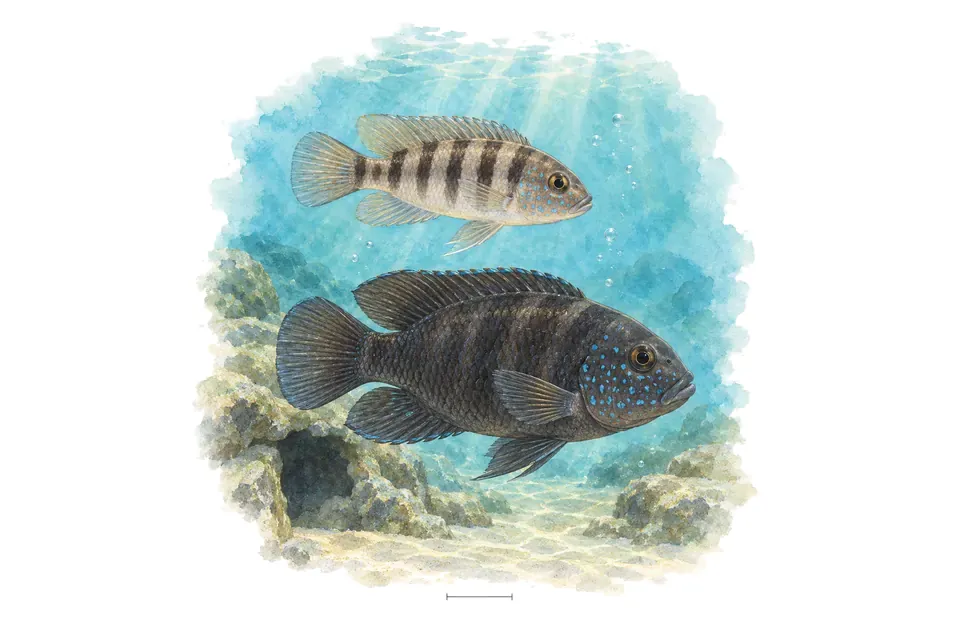 Aquarelle : Moorii du Tanganyika, jeune et adulte l'un au-dessus de l'autre dans une eau turquoise.