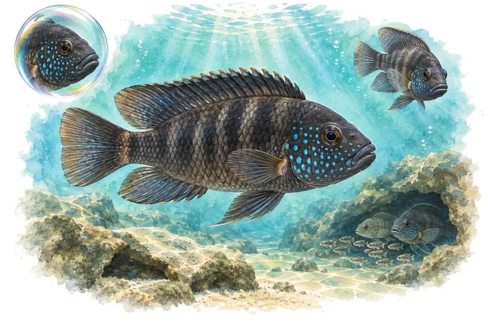 Aquarelle : Moorii du Tanganyika (Variabilichromis moorii) dans une eau turquoise lumineuse, avec une vue de trois quarts et un détail dans une bulle.