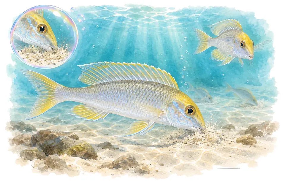 Aquarelle : Xenotilapia à nageoires jaunes (Xenotilapia flavipinnis) dans une eau turquoise lumineuse, avec une vue de trois quarts et un détail dans une bulle.