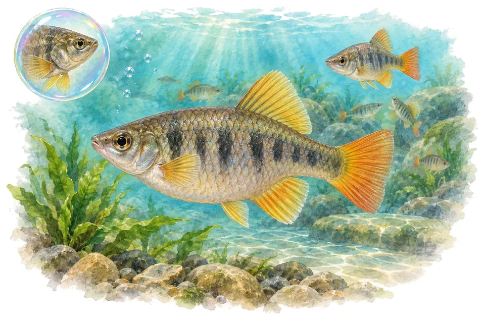 Aquarelle : Xenotoca (Xenotoca eiseni) dans une eau turquoise lumineuse, avec une vue de trois quarts et un détail dans une bulle.