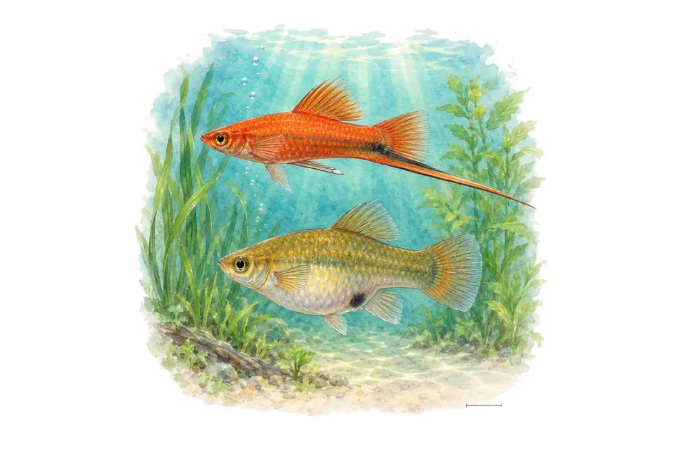 Aquarelle : Porte-épée, mâle et femelle l'un au-dessus de l'autre dans une eau turquoise.