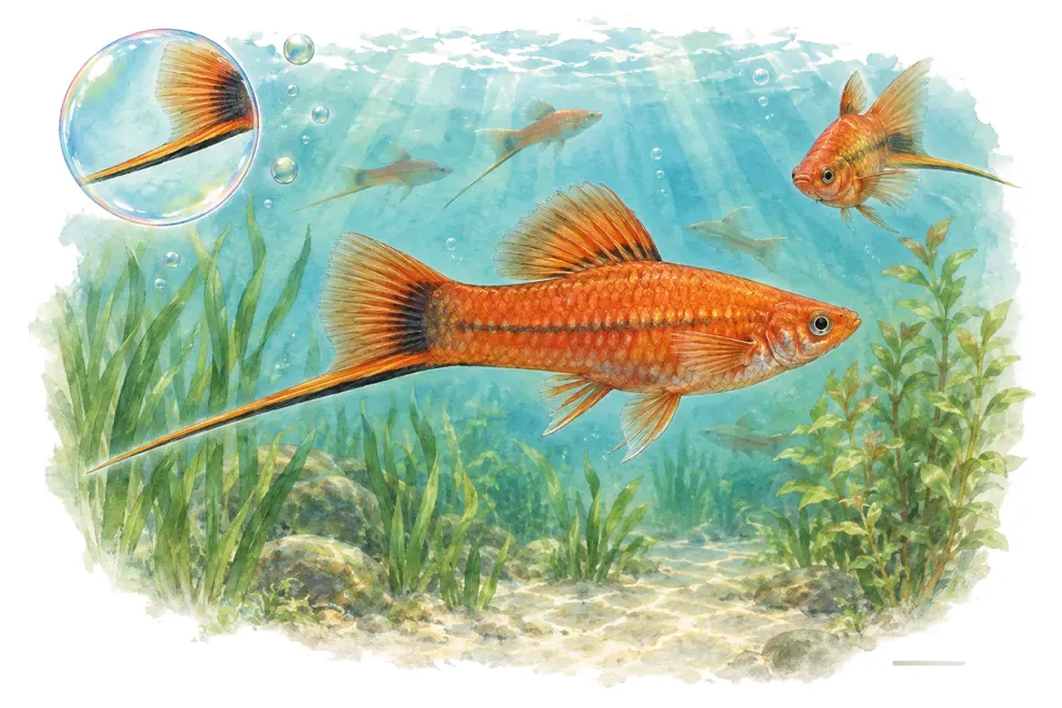 Aquarelle : Porte-épée (Xiphophorus hellerii) dans une eau turquoise lumineuse, avec une vue de trois quarts et un détail dans une bulle.