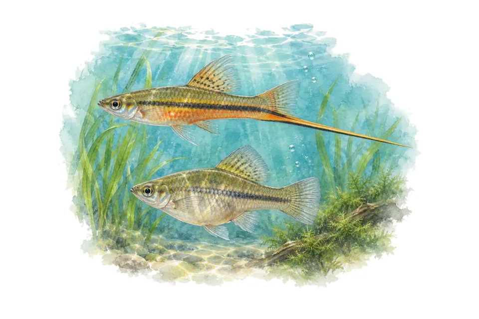 Aquarelle : Xiphophorus de Montezuma, mâle et femelle l'un au-dessus de l'autre dans une eau turquoise.