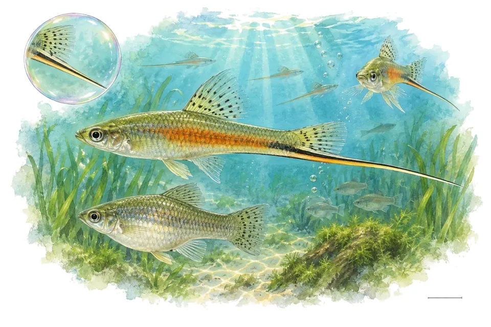 Aquarelle : Xiphophorus de Montezuma (Xiphophorus montezumae) dans une eau turquoise lumineuse, avec une vue de trois quarts et un détail dans une bulle.