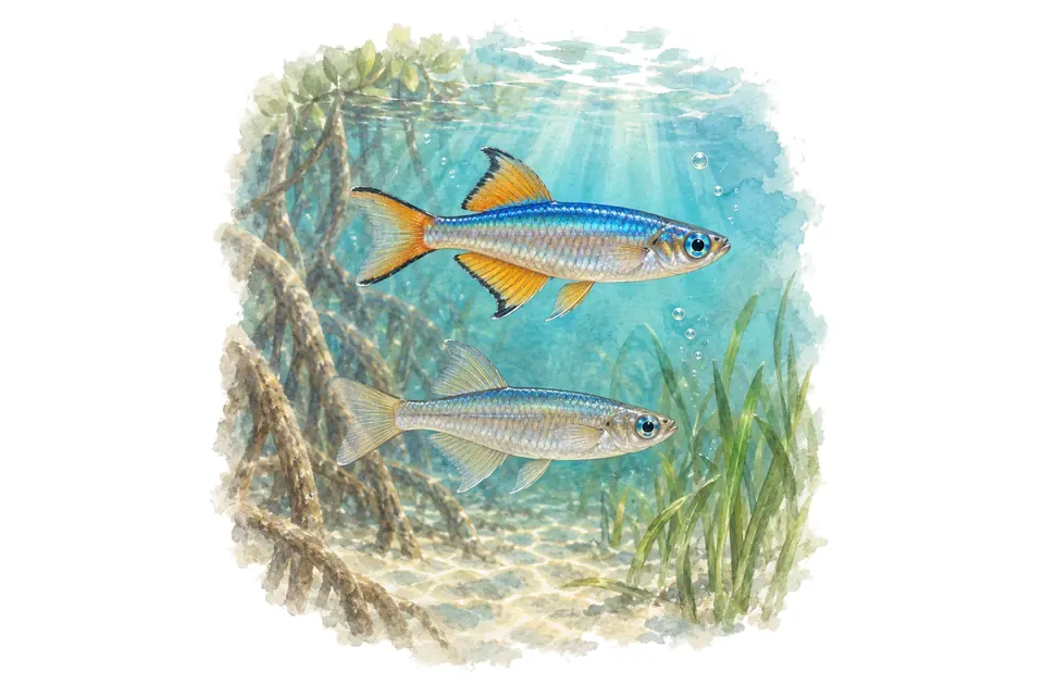 Aquarelle : Yeux bleus à dos bleu, mâle et femelle l'un au-dessus de l'autre dans une eau turquoise.