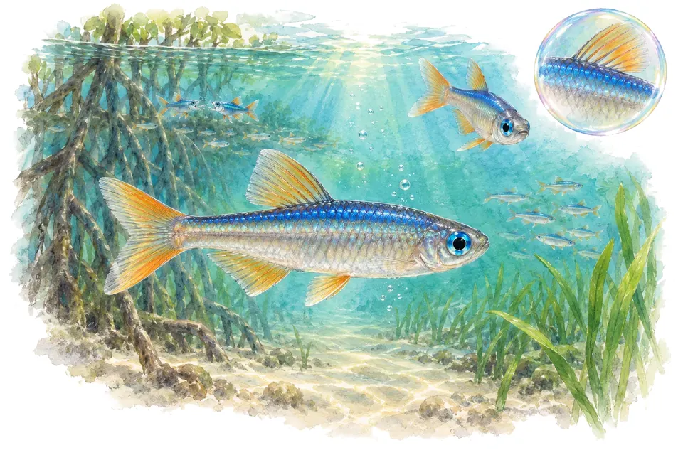 Aquarelle : Yeux bleus à dos bleu (Pseudomugil cyanodorsalis) dans une eau turquoise lumineuse, avec une vue de trois quarts et un détail dans une bulle.