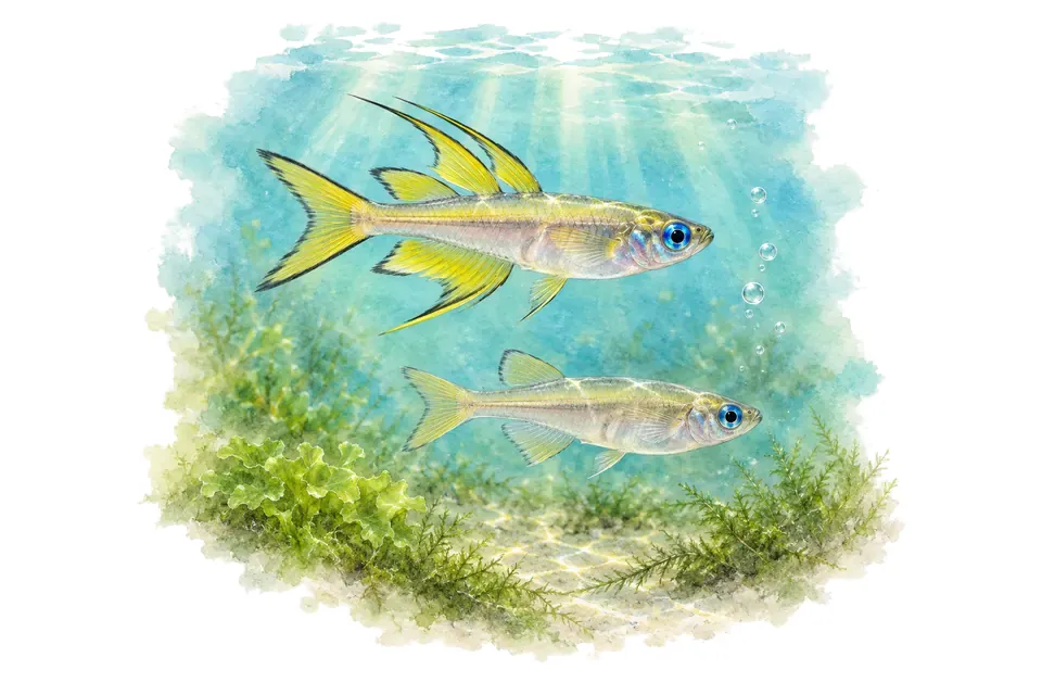 Aquarelle : Yeux bleus à nageoires jaunes, mâle et femelle l'un au-dessus de l'autre dans une eau turquoise.