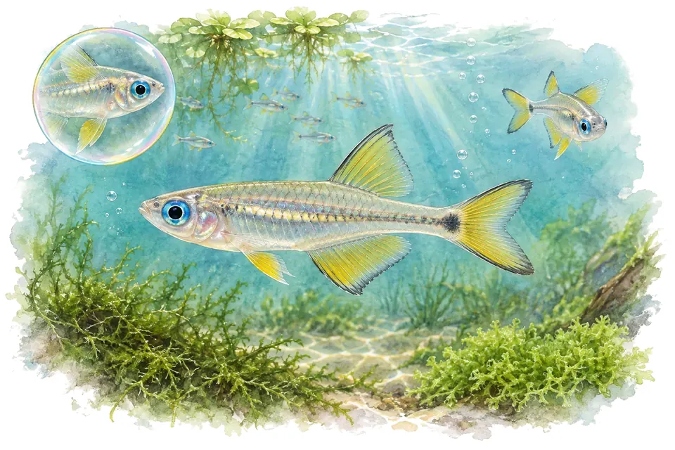 Aquarelle : Yeux bleus à nageoires jaunes (Pseudomugil tenellus) dans une eau turquoise lumineuse, avec une vue de trois quarts et un détail dans une bulle.