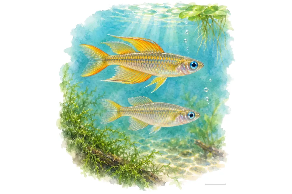 Aquarelle : Yeux bleus arc-en-ciel, mâle et femelle l'un au-dessus de l'autre dans une eau turquoise.