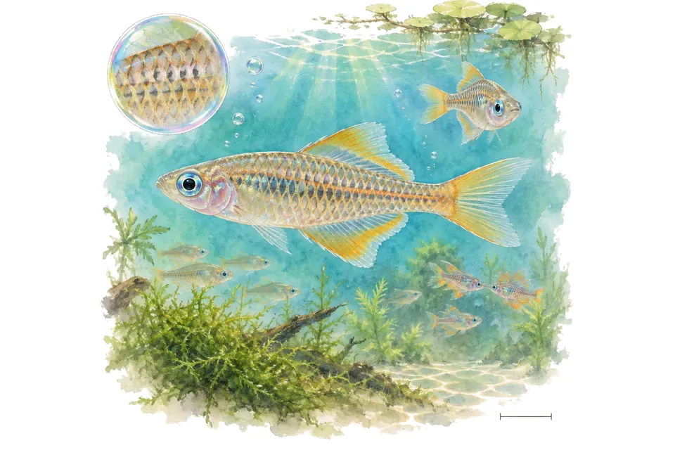 Aquarelle : Yeux bleus arc-en-ciel (Pseudomugil reticulatus) dans une eau turquoise lumineuse, avec une vue de trois quarts et un détail dans une bulle.