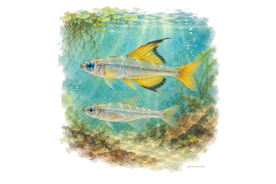 Aquarelle : Yeux bleus de Kiunga, mâle et femelle l'un au-dessus de l'autre dans une eau turquoise.