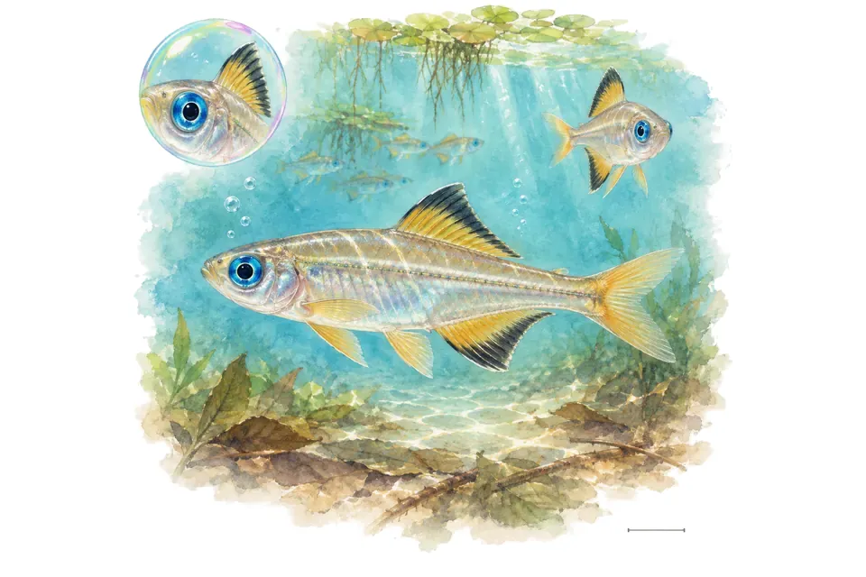 Aquarelle : Yeux bleus de Kiunga (Kiunga ballochi) dans une eau turquoise lumineuse, avec une vue de trois quarts et un détail dans une bulle.