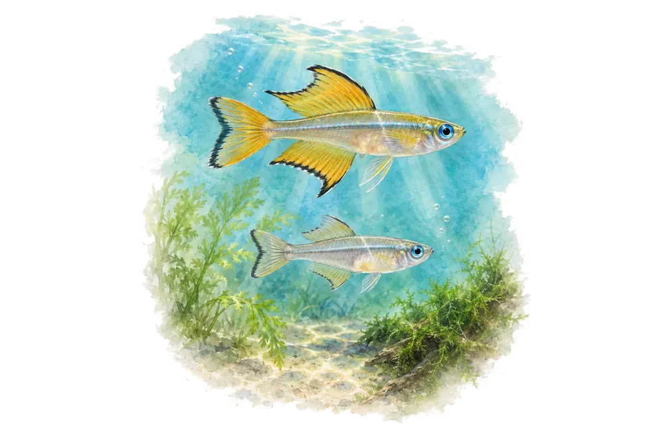 Aquarelle : Yeux bleus de Nouvelle-Guinée, mâle et femelle l'un au-dessus de l'autre dans une eau turquoise.