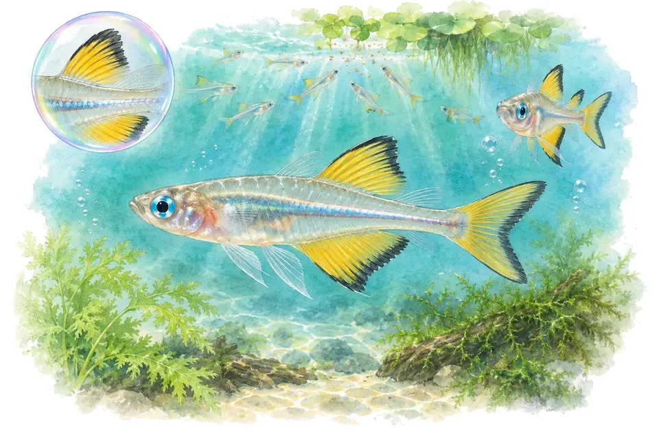 Aquarelle : Yeux bleus de Nouvelle-Guinée (Pseudomugil novaeguineae) dans une eau turquoise lumineuse, avec une vue de trois quarts et un détail dans une bulle.