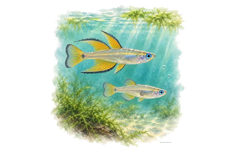 Aquarelle : Yeux bleus de Paskai, mâle et femelle l'un au-dessus de l'autre dans une eau turquoise.