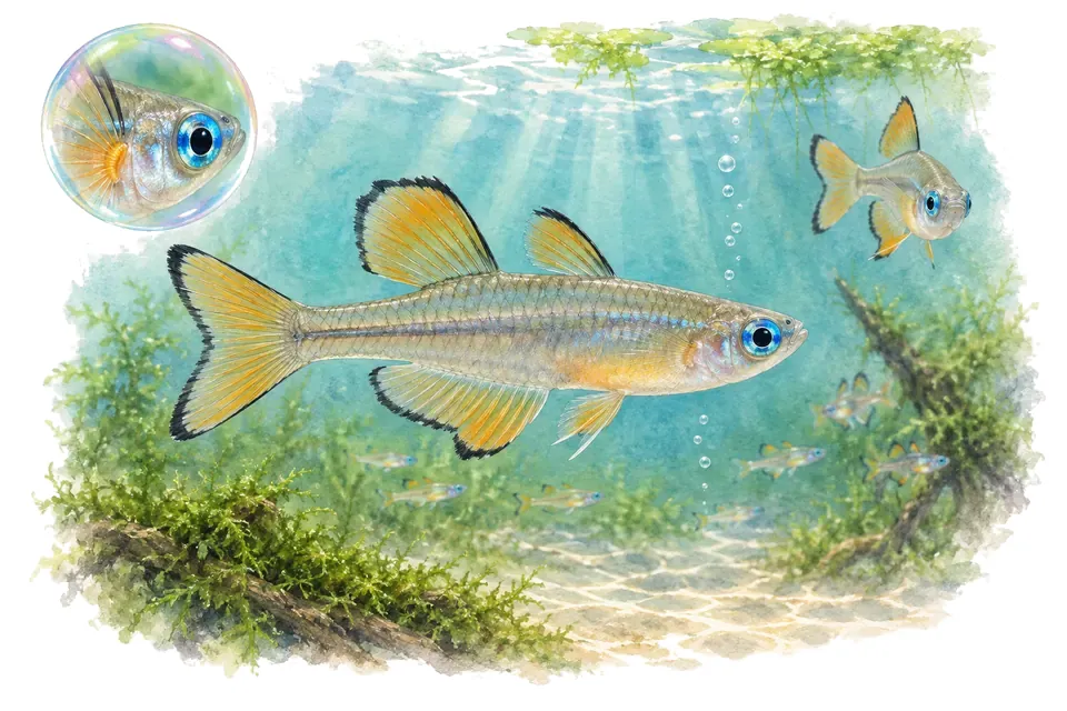 Aquarelle : Yeux bleus de Paskai (Pseudomugil paskai) dans une eau turquoise lumineuse, avec une vue de trois quarts et un détail dans une bulle.