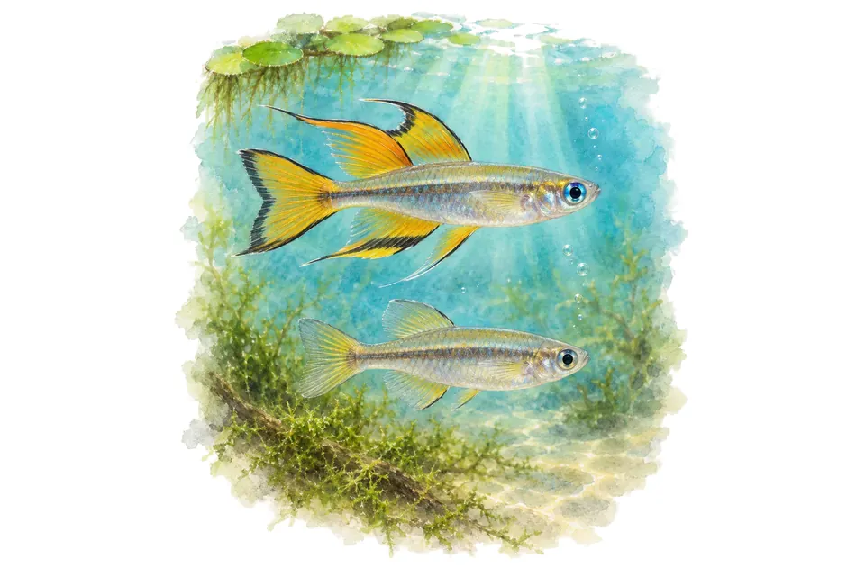 Aquarelle : Yeux bleus d'Ivanoff, mâle et femelle l'un au-dessus de l'autre dans une eau turquoise.