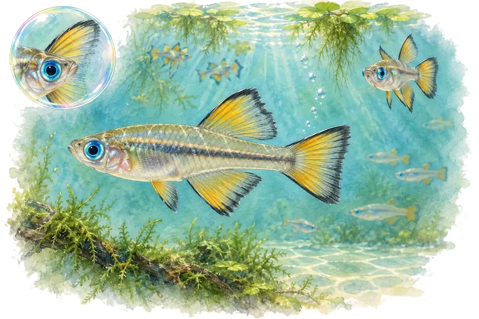 Aquarelle : Yeux bleus d'Ivanoff (Pseudomugil ivantsoffi) dans une eau turquoise lumineuse, avec une vue de trois quarts et un détail dans une bulle.