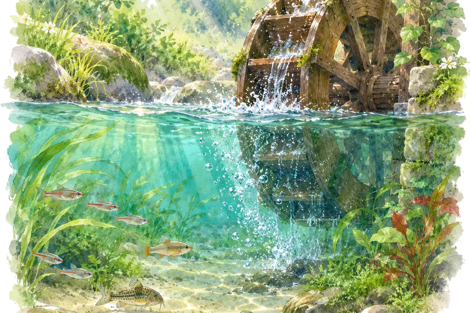 Illustration aquarelle de l'expression « Apporter de l’eau au moulin ».