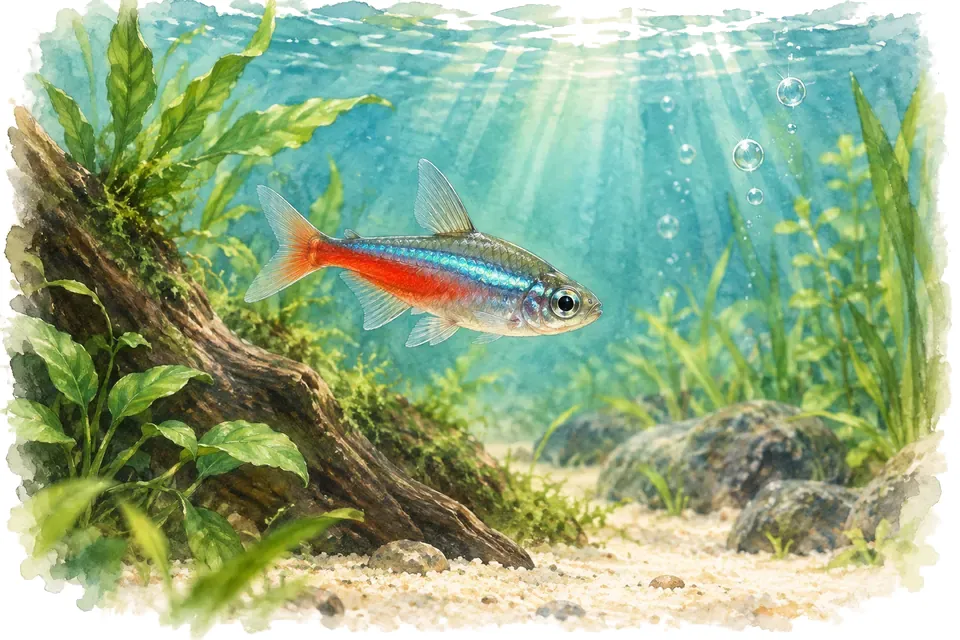 Illustration aquarelle de l'expression « Comme un poisson dans l’eau ».