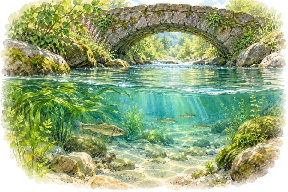Illustration aquarelle de l'expression « De l’eau a coulé sous les ponts ».
