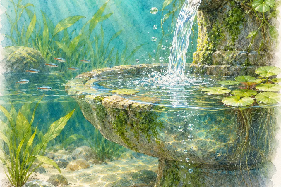 Illustration aquarelle de l'expression « Il ne faut jamais dire : « Fontaine, je ne boirai pas de ton eau. » ».