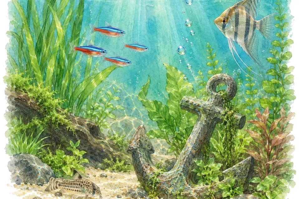 Illustration aquarelle de l'expression « Jeter l’ancre ».