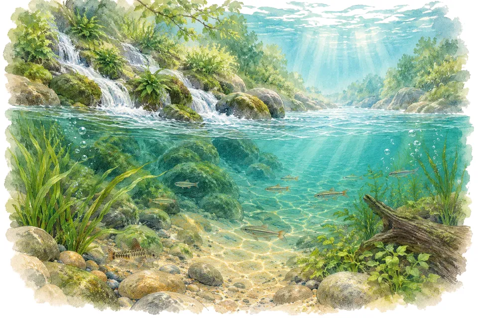 Illustration aquarelle de l'expression « Les petits ruisseaux font les grandes rivières ».