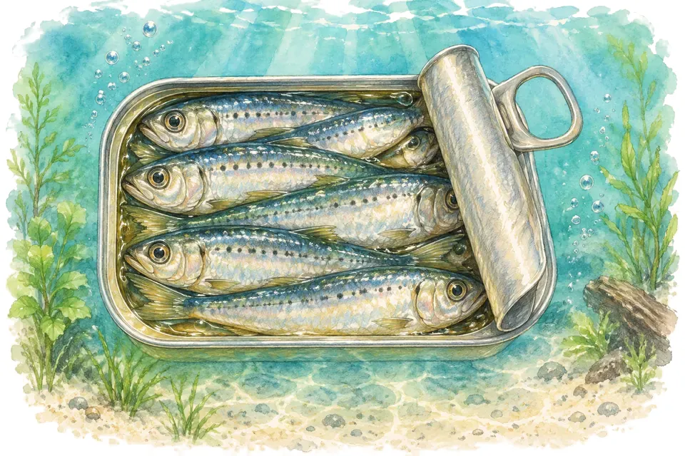 Illustration aquarelle de l'expression « Serrés comme des sardines ».