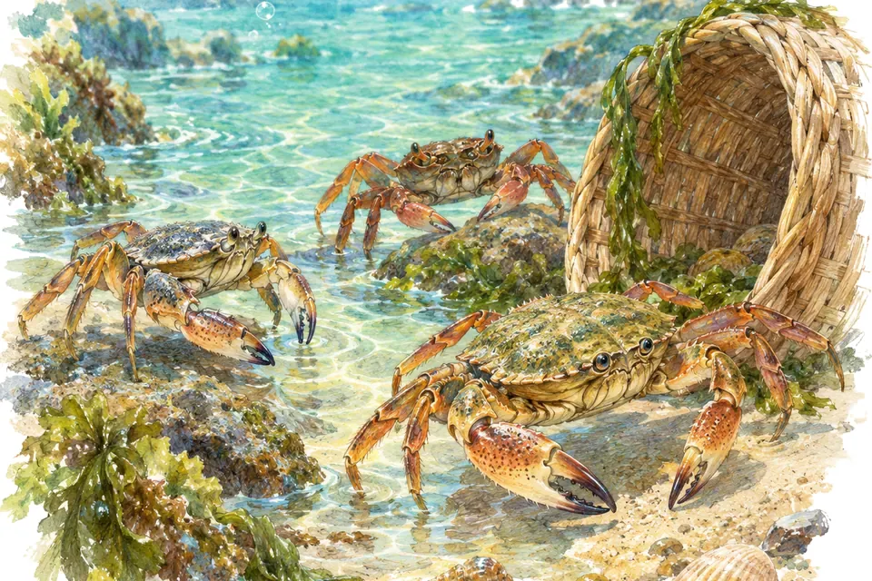 Illustration aquarelle de l'expression « Un panier de crabes ».