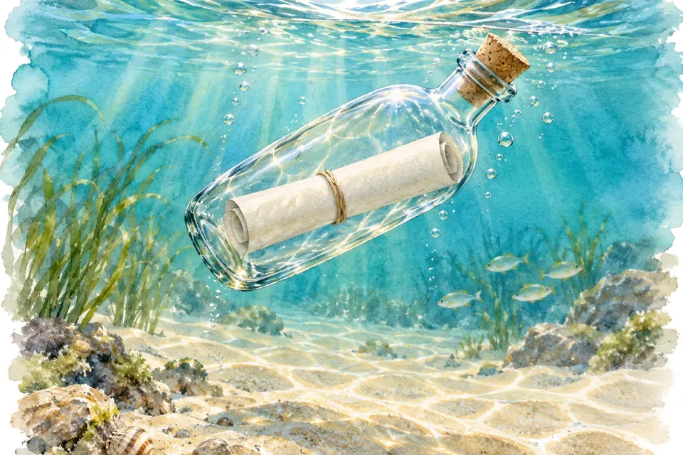 Illustration aquarelle de l'expression « Une bouteille à la mer ».