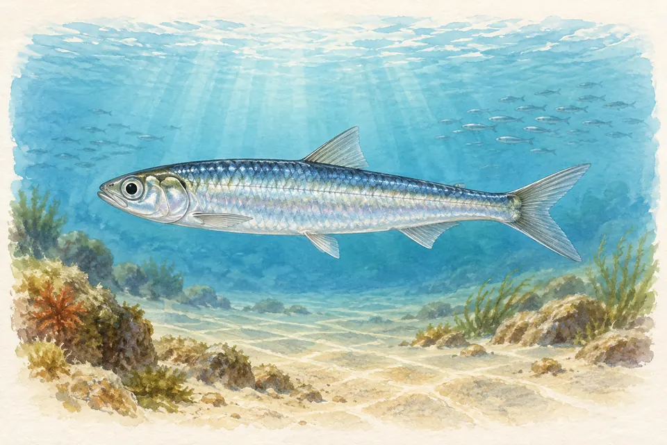 Planche naturaliste aquarelle : Anchois (Engraulis encrasicolus).