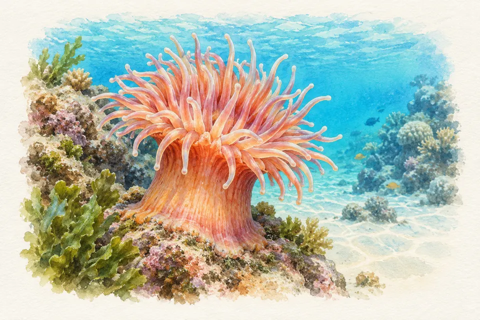 Planche naturaliste aquarelle : Anémone de mer (Actiniaria (ordre regroupant de nombreuses espèces)).