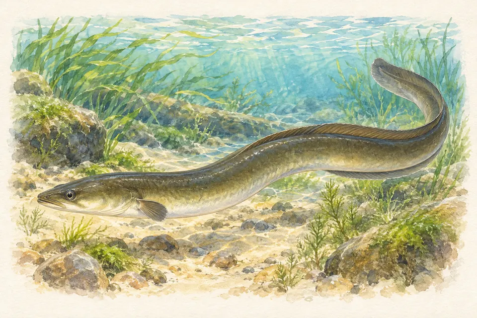 Planche naturaliste aquarelle : Anguille européenne (Anguilla anguilla).