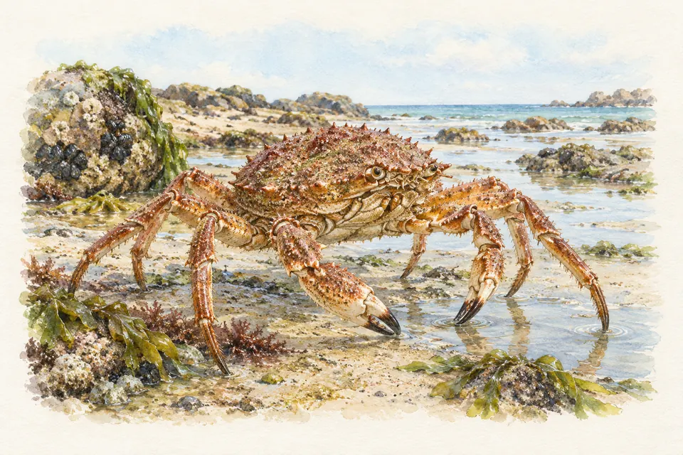 Planche naturaliste aquarelle : Araignée de mer (Maja brachydactyla (espèce atlantique)).