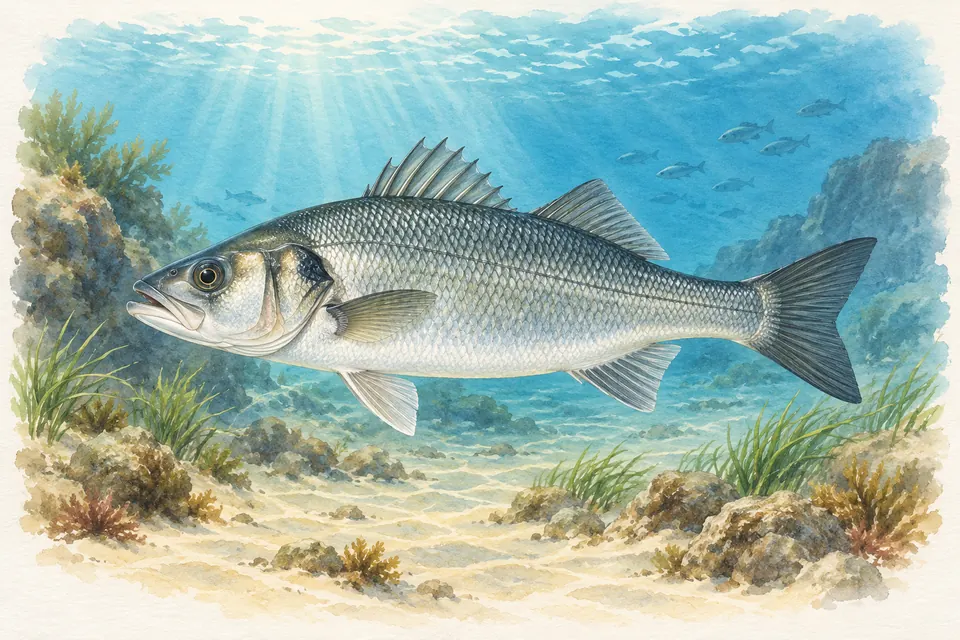 Planche naturaliste aquarelle : Bar commun (Dicentrarchus labrax).
