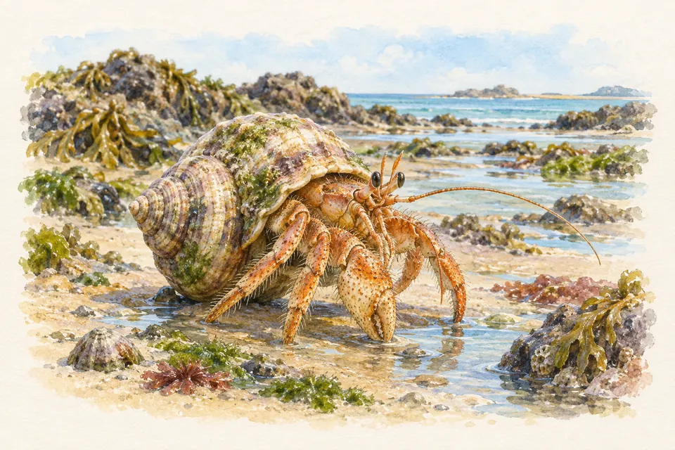 Planche naturaliste aquarelle : Bernard-l'ermite (Pagurus bernhardus (espèce commune des côtes françaises)).