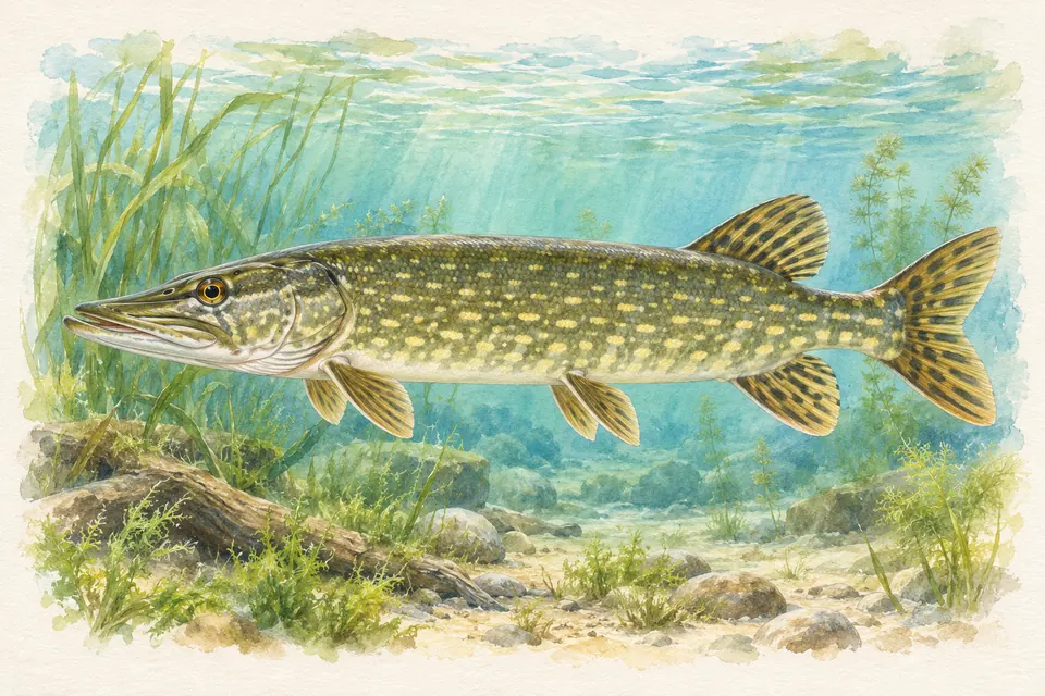 Planche naturaliste aquarelle : Brochet (Esox lucius).