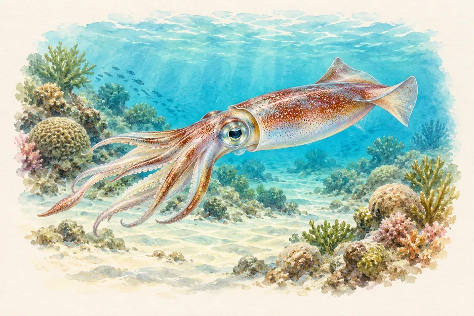 Planche naturaliste aquarelle : Calmar (Loligo vulgaris (calmar commun)).