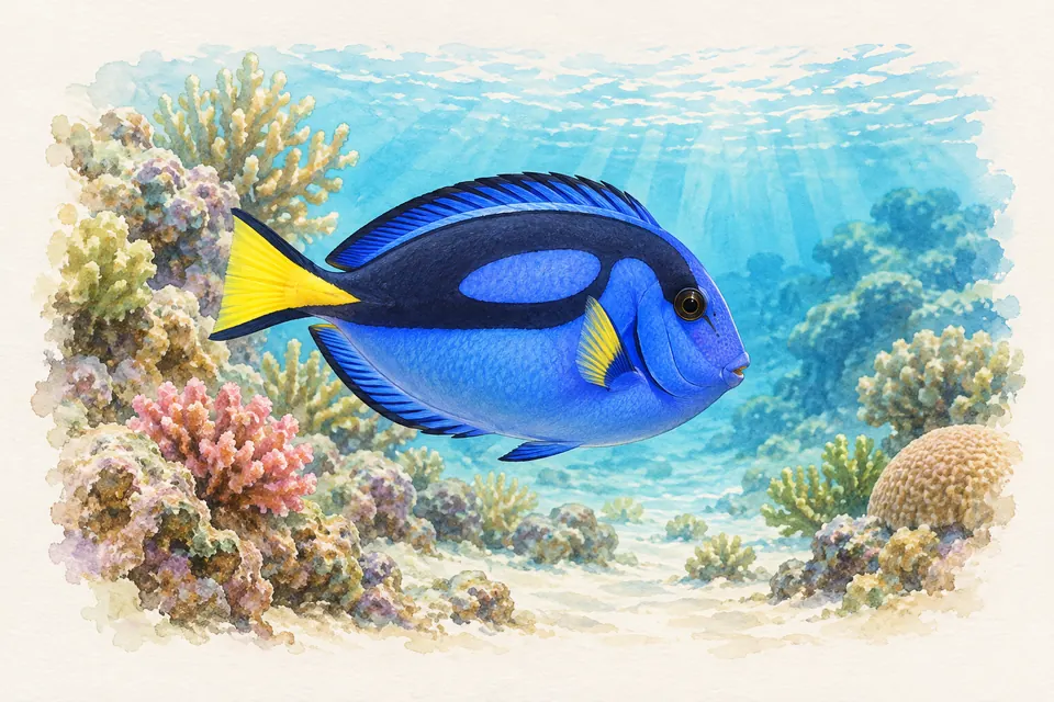 Planche naturaliste aquarelle : Chirurgien bleu (Paracanthurus hepatus).