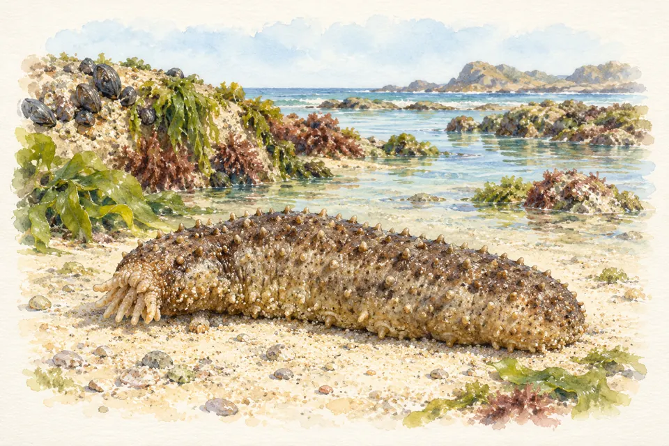Planche naturaliste aquarelle : Concombre de mer (Holothuria forskali (holothurie commune des côtes françaises)).