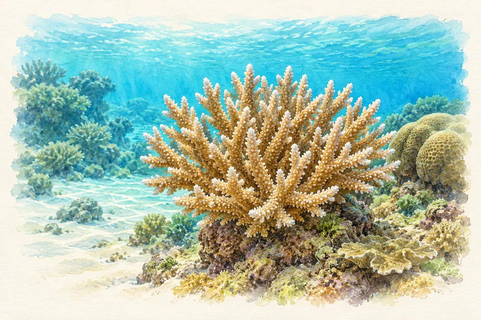 Planche naturaliste aquarelle : Corail (Scleractinia (ordre des coraux durs constructeurs de récifs)).