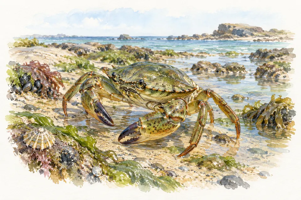 Planche naturaliste aquarelle : Crabe vert (Carcinus maenas).