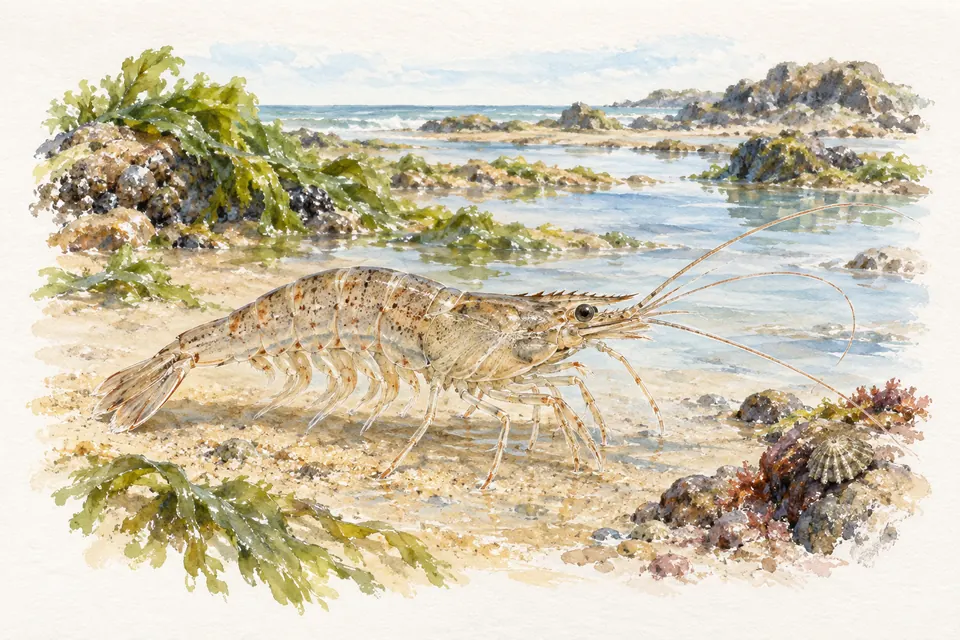 Planche naturaliste aquarelle : Crevette grise (Crangon crangon).
