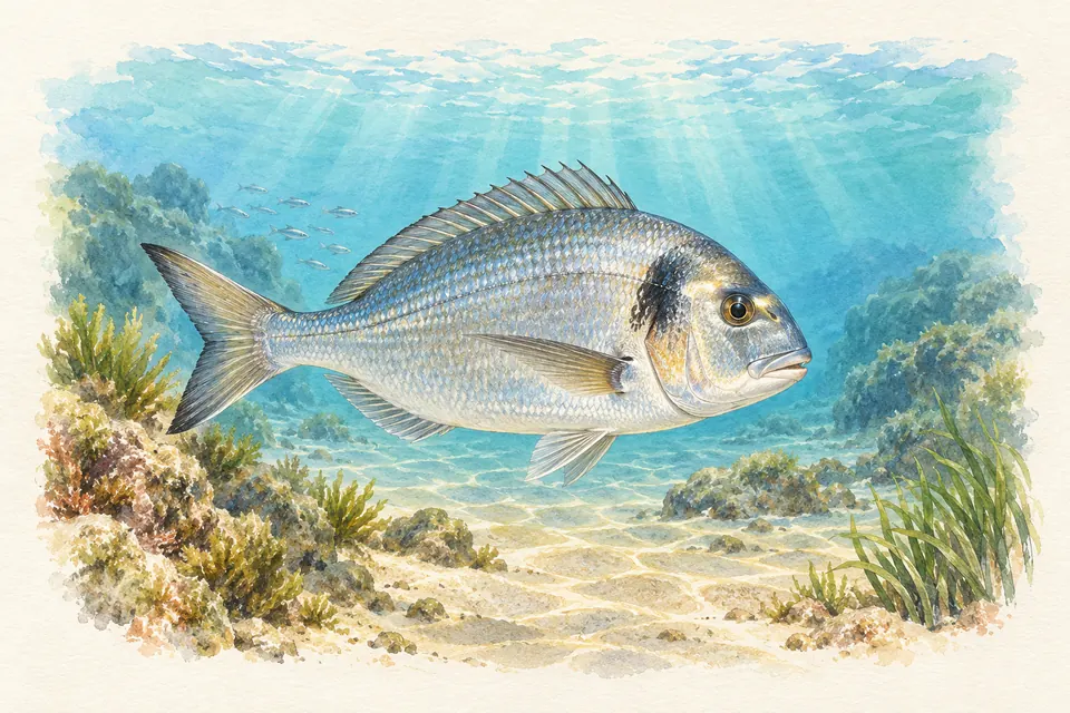 Planche naturaliste aquarelle : Dorade royale (Sparus aurata).