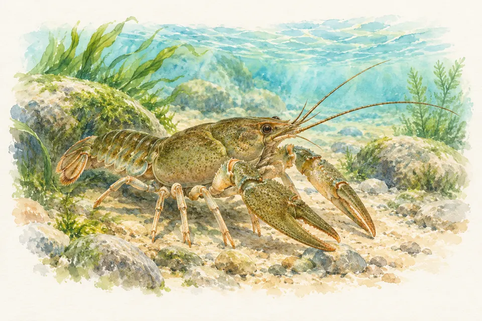 Planche naturaliste aquarelle : Écrevisse à pattes blanches (Austropotamobius pallipes).