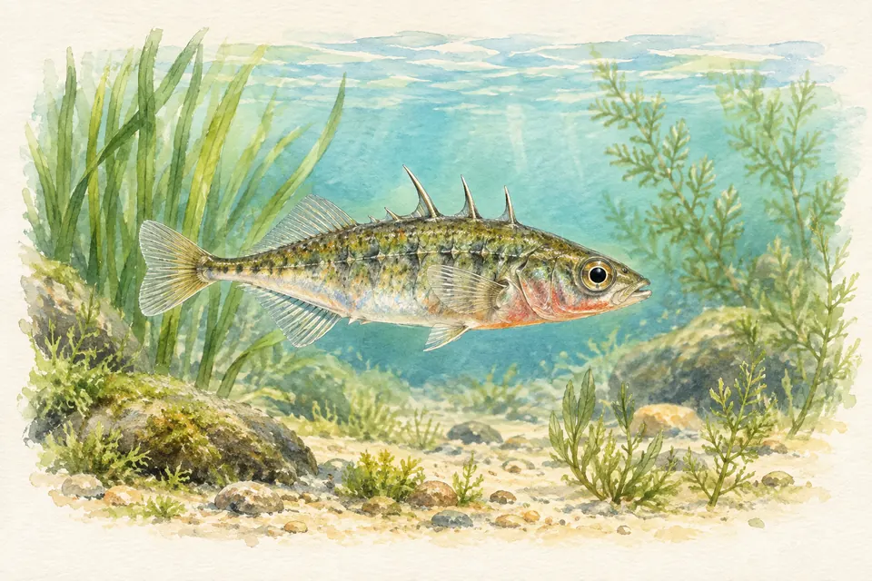Planche naturaliste aquarelle : Épinoche (Gasterosteus aculeatus).