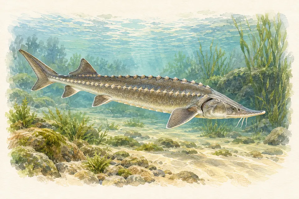 Planche naturaliste aquarelle : Esturgeon européen (Acipenser sturio).